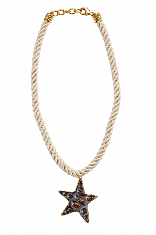 A twisted cream rope necklace with a gold-tone lobster clasp and a dangling starfish pendant featuring blue, purple, and orange inlay details, shown on a plain white background.