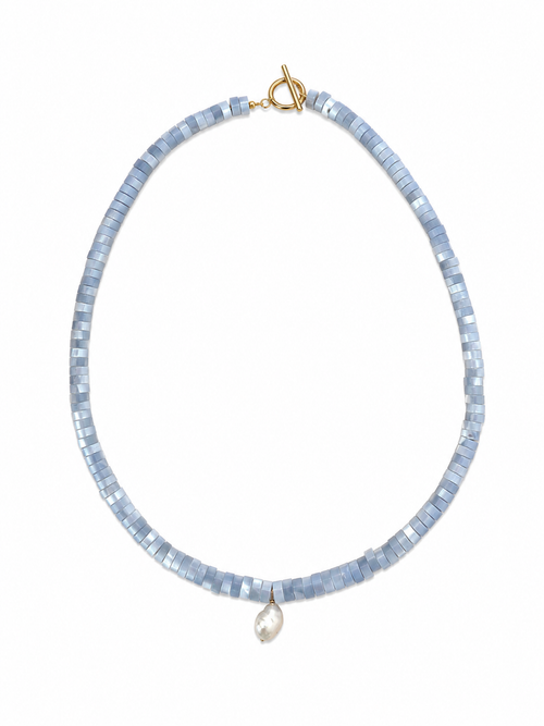 Blue beaded necklace with a pearl pendant on a white background