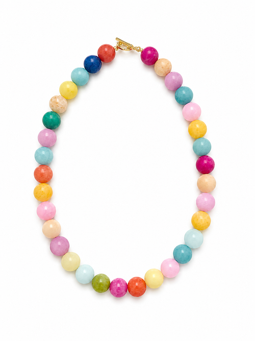 Colorful beaded necklace on a white background