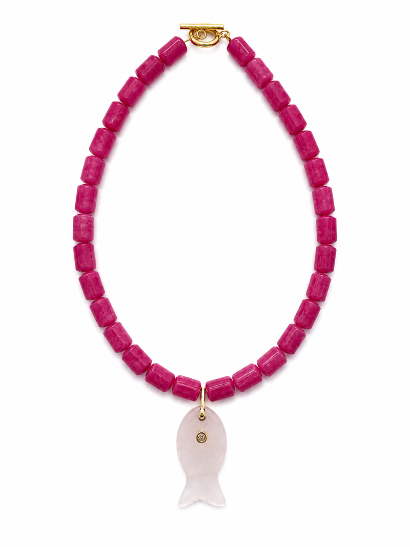 Necklace with pink beads and a white fish-shaped pendant on a white background – handmade beaded jewelry by EmJ Jewels