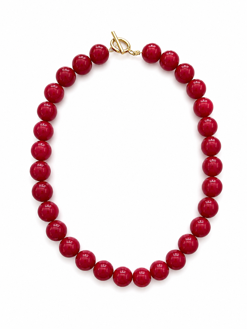 Red beaded necklace with a gold clasp on a white background – handmade beaded jewelry by EmJ Jewels