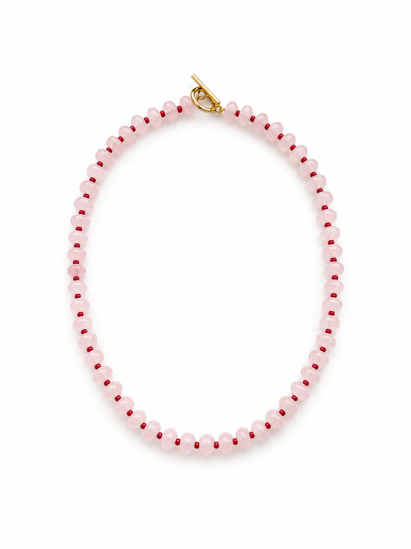 Necklace with pink beads on a white background – handmade beaded jewelry by EmJ Jewels
