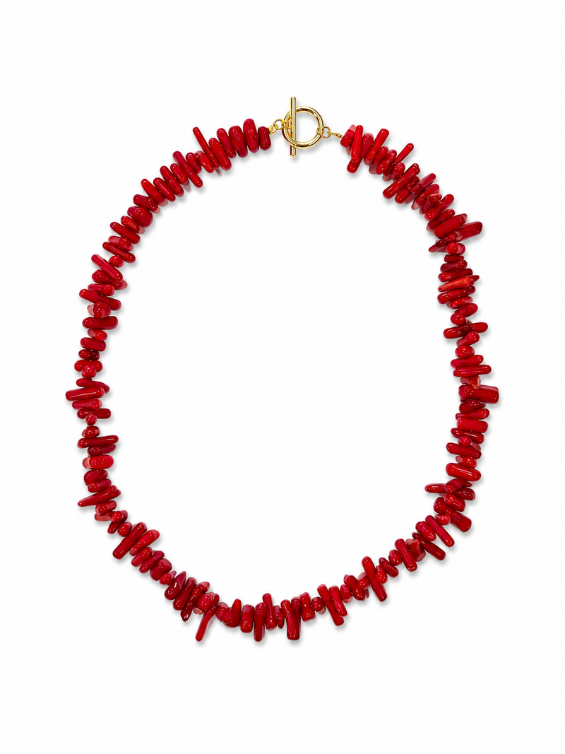 Red coral necklace with a gold clasp on a white background – handmade beaded jewelry by EmJ Jewels