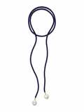 Navy blue beaded necklace with pearl pendants on a white background – view 1