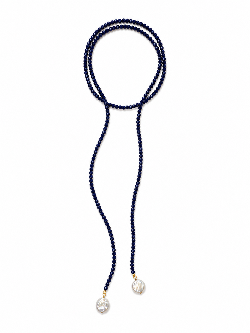 Navy blue beaded necklace with pearl pendants on a white background – handmade beaded jewelry by EmJ Jewels