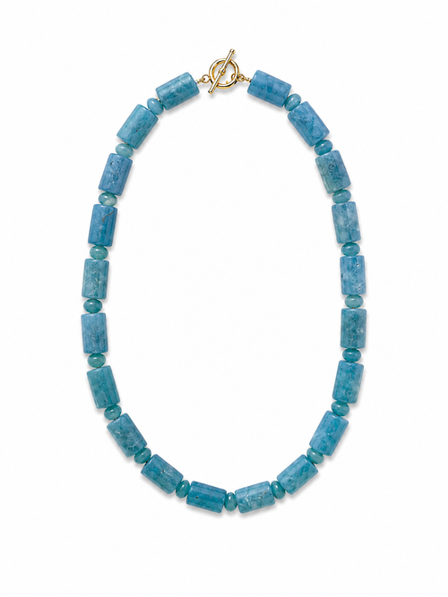 Blue beaded necklace with a gold clasp on a white background