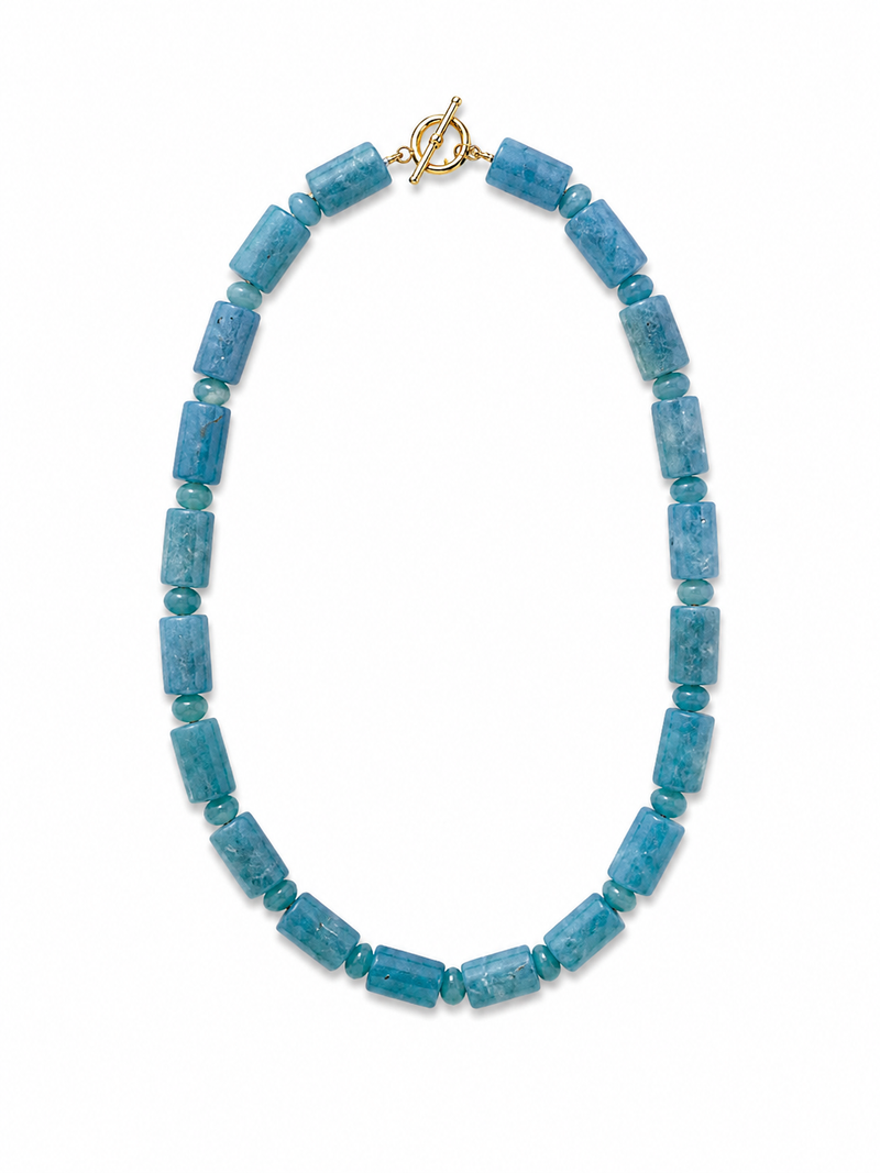Blue beaded necklace with a gold clasp on a white background – handmade beaded jewelry by EmJ Jewels