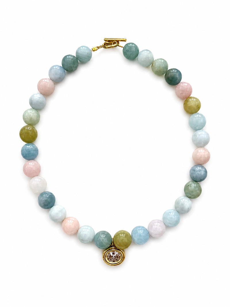 Multicolored beaded necklace with a gold clasp on a white background – handmade beaded jewelry by EmJ Jewels