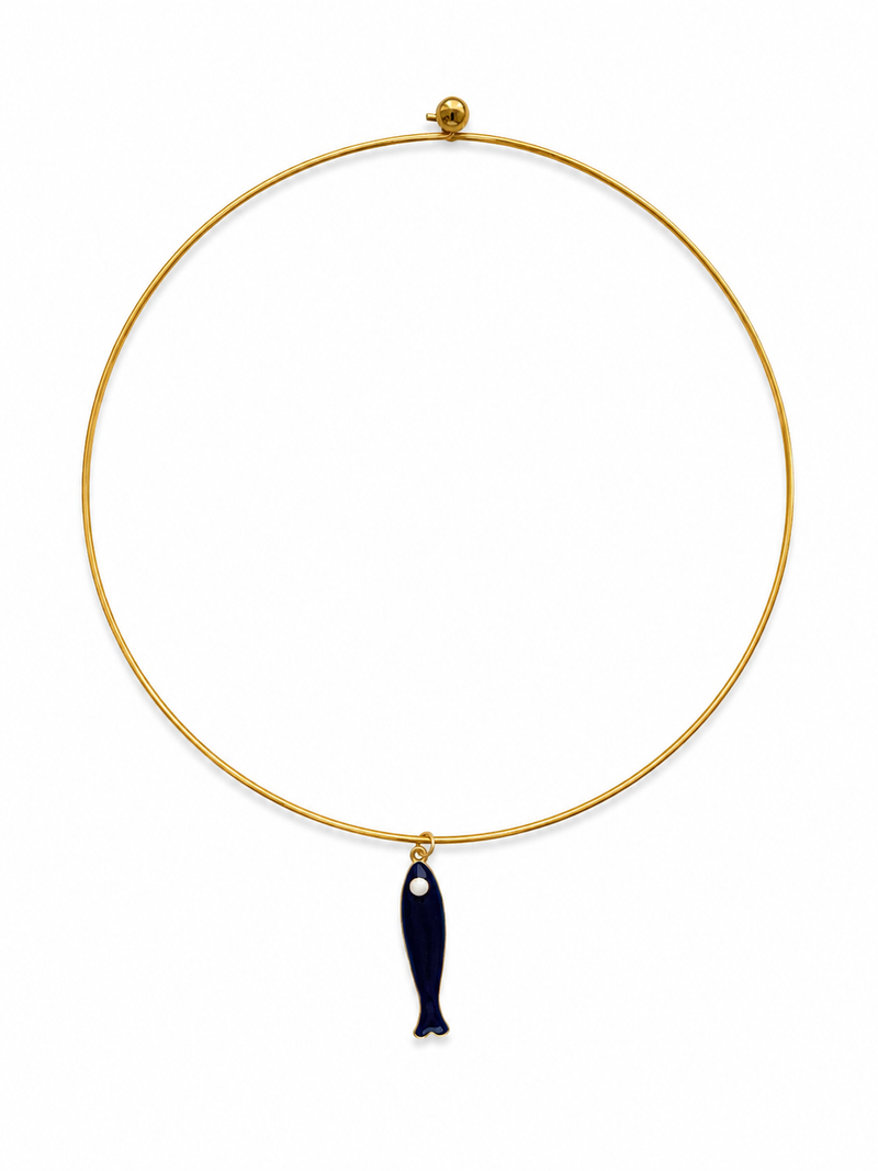 Gold necklace with a black fish pendant on a white background – handmade beaded jewelry by EmJ Jewels